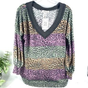 New! Multi Color Stripe Animal Print V-Neck Top